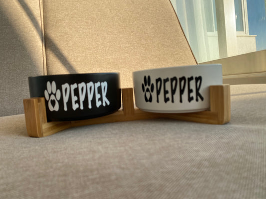 Ceramic Custom Name Pet Bowls with Free Wooden Stand